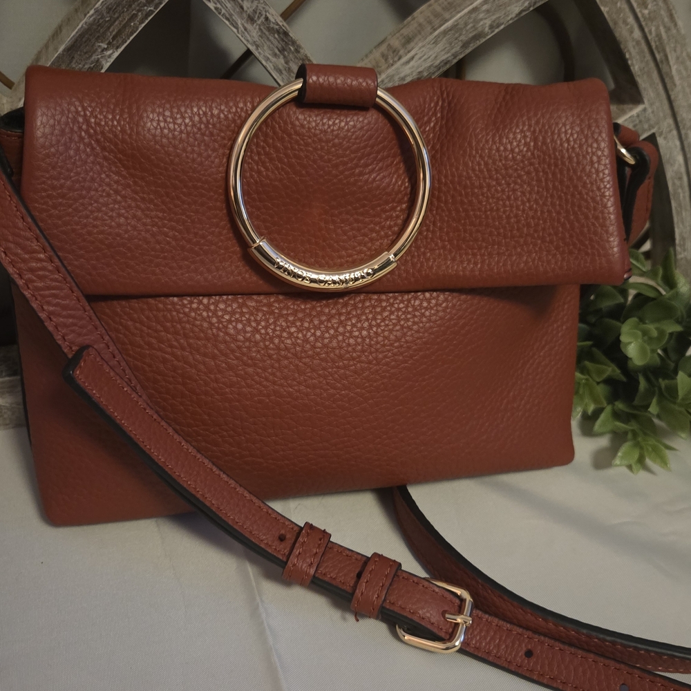 Vince Camuto Cognac Leather Crossbody Ring Handle Foldover Purse